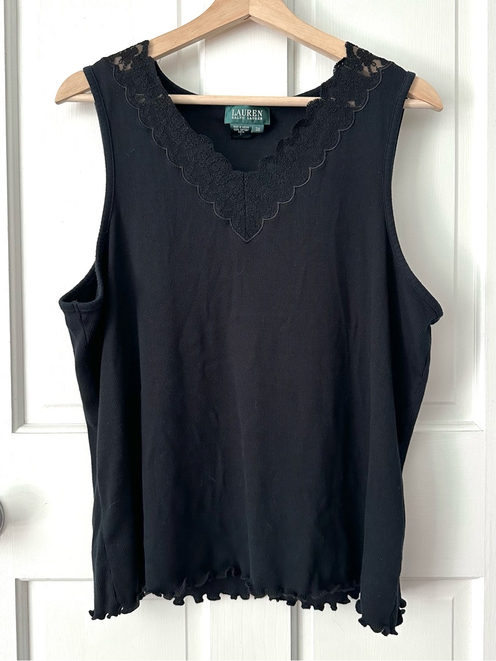 Lauren Ralph Lauren Black Lace-Trim Ribbed Sleeveless Tank Top V-Neck Size 3X